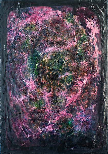 Tallal Shammout: Watermelon Man, 2021, 
ink, acrylic varnish, glass beads and aluminum foil on canvas, 57 x 40 cm

